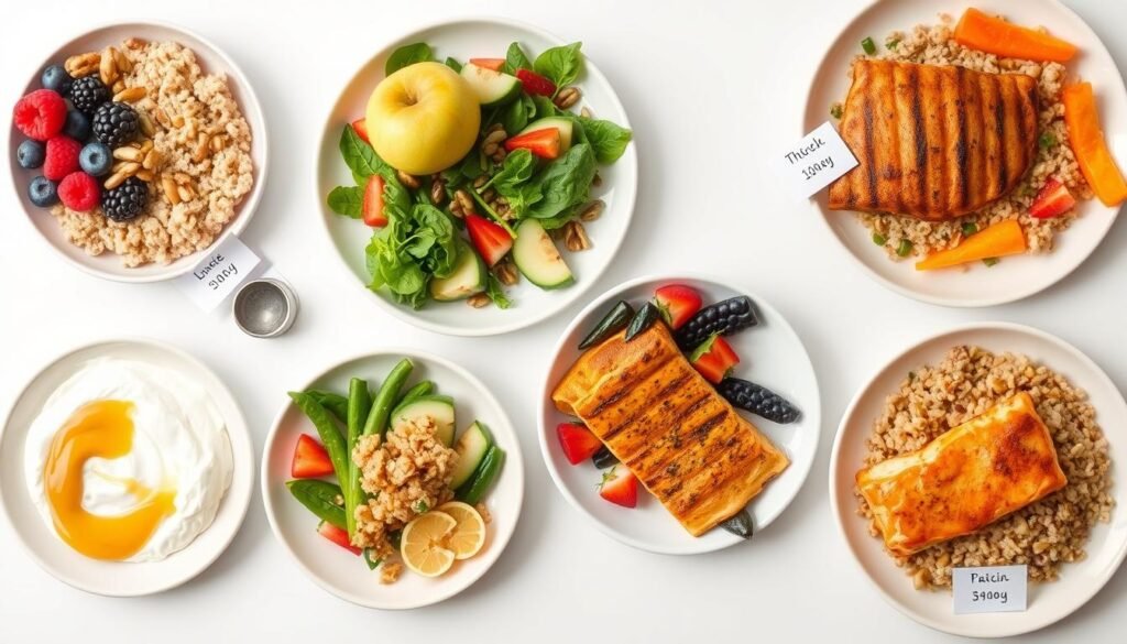 A day's worth of meals laid out showing breakfast, lunch, dinner and snacks optimized for weight management