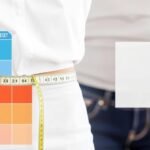 Person measuring their waist with a tape measure next to a BMI chart showing how to calculate BMI and calories for weight management
