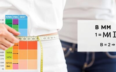 Person measuring their waist with a tape measure next to a BMI chart showing how to calculate BMI and calories for weight management