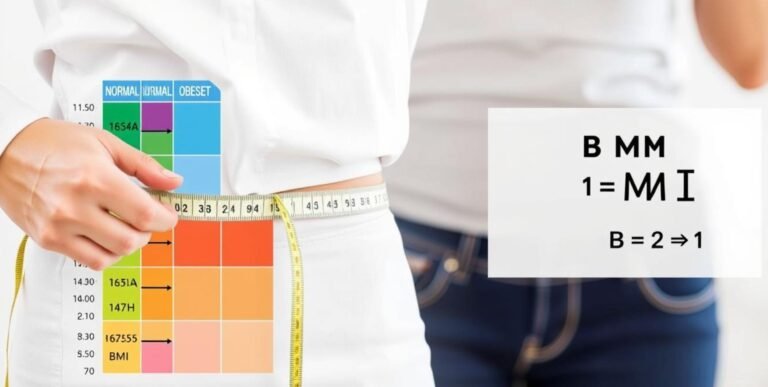 Person measuring their waist with a tape measure next to a BMI chart showing how to calculate BMI and calories for weight management