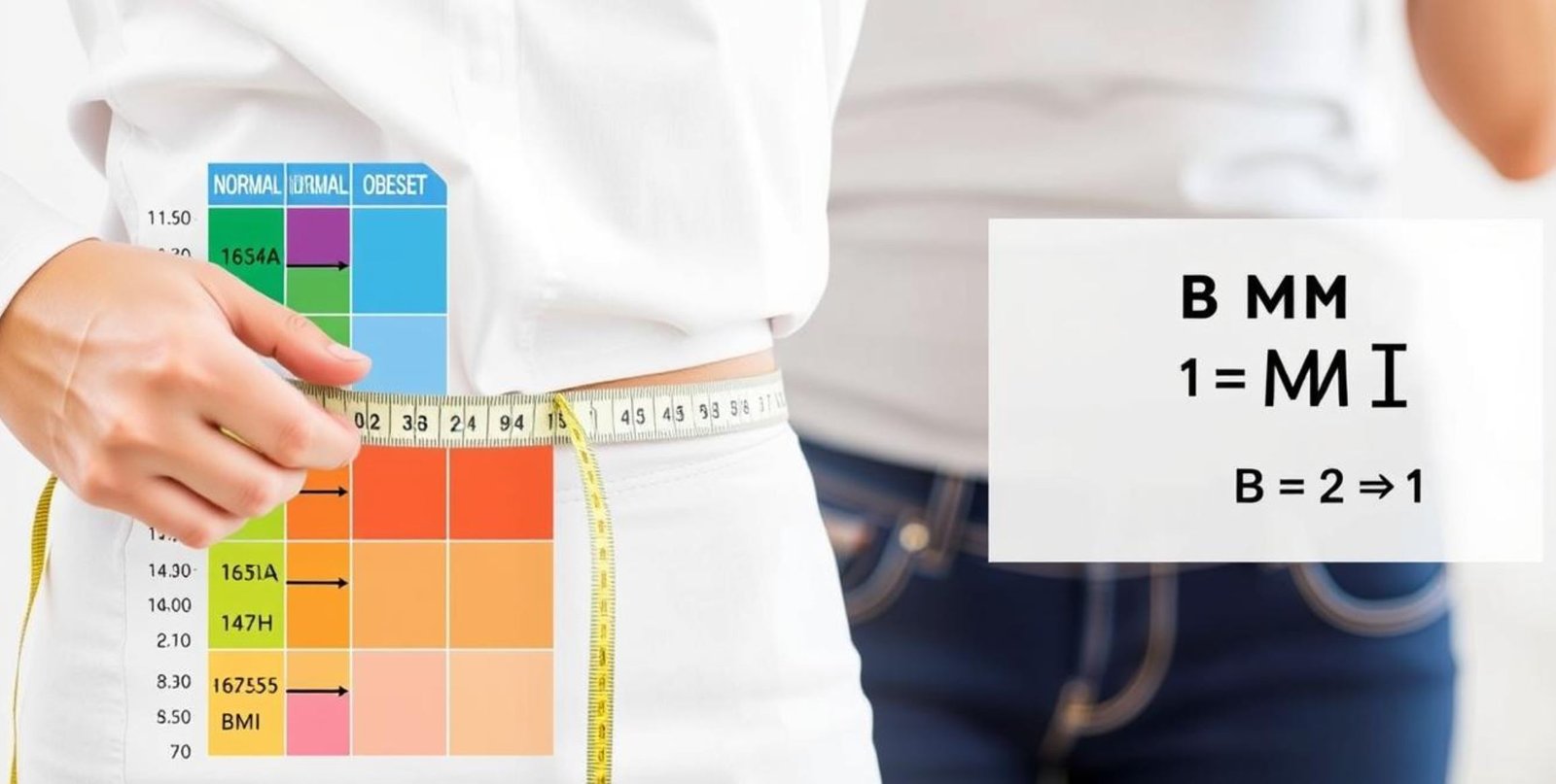 Person measuring their waist with a tape measure next to a BMI chart showing how to calculate BMI and calories for weight management