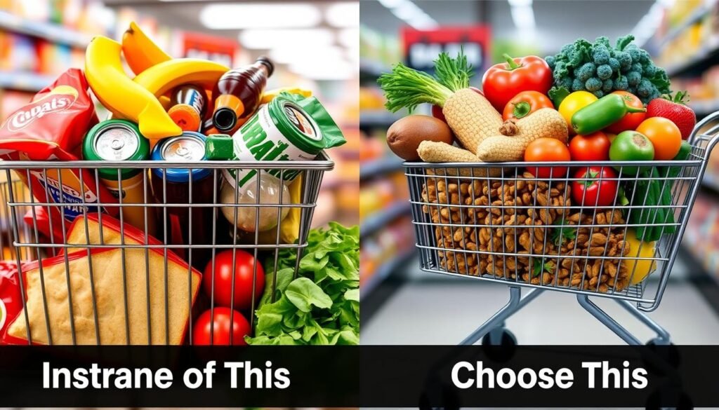 Before and after comparison of a grocery cart with unhealthy processed foods versus healthy whole foods