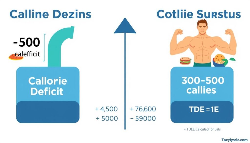 Infographic showing calorie deficit and surplus for weight management goals with visual representation of how to calculate BMI and calories for weight management
