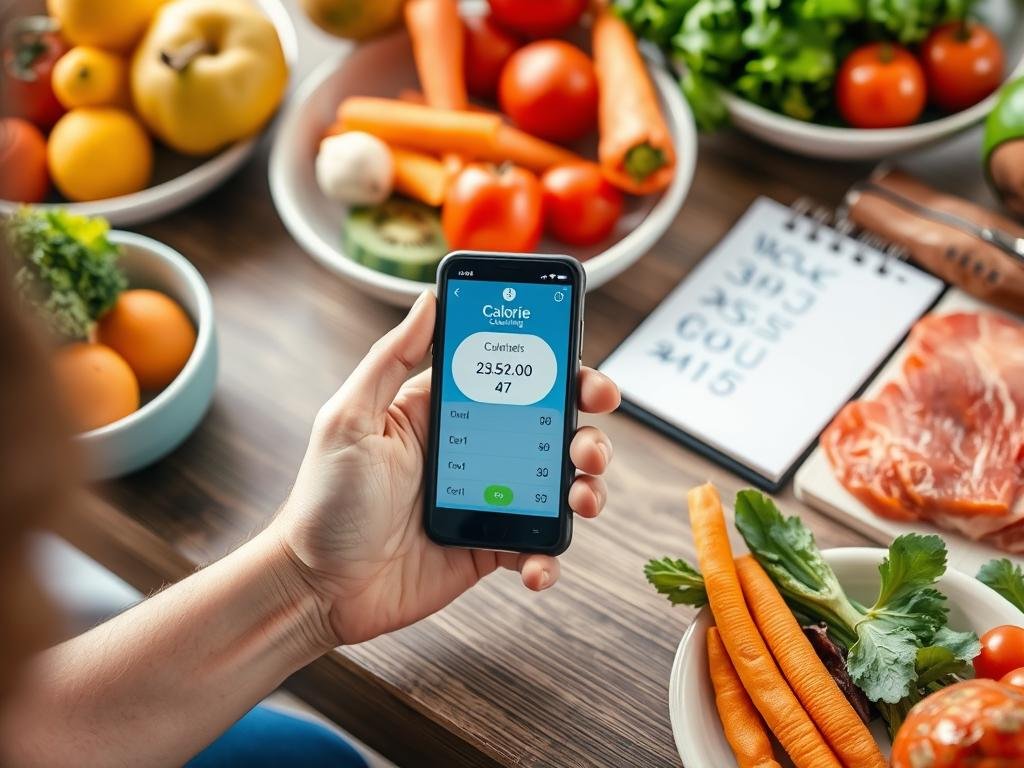 Person planning meals with a calorie counter app and nutritional information showing how to calculate BMI and calories for weight management