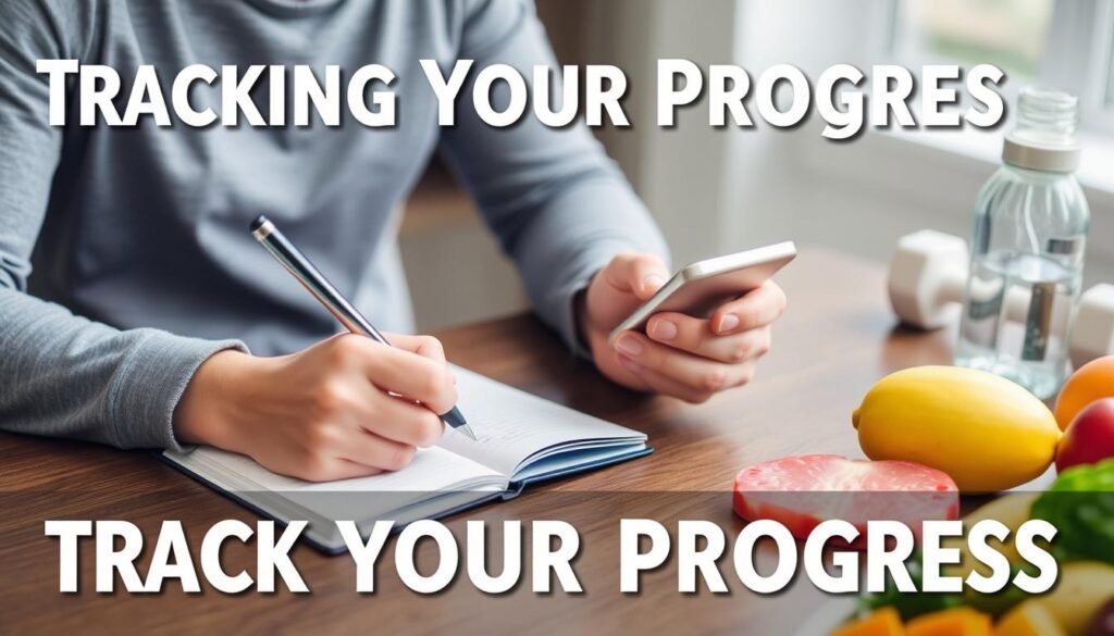 Person tracking their food intake and exercise in a journal next to healthy food